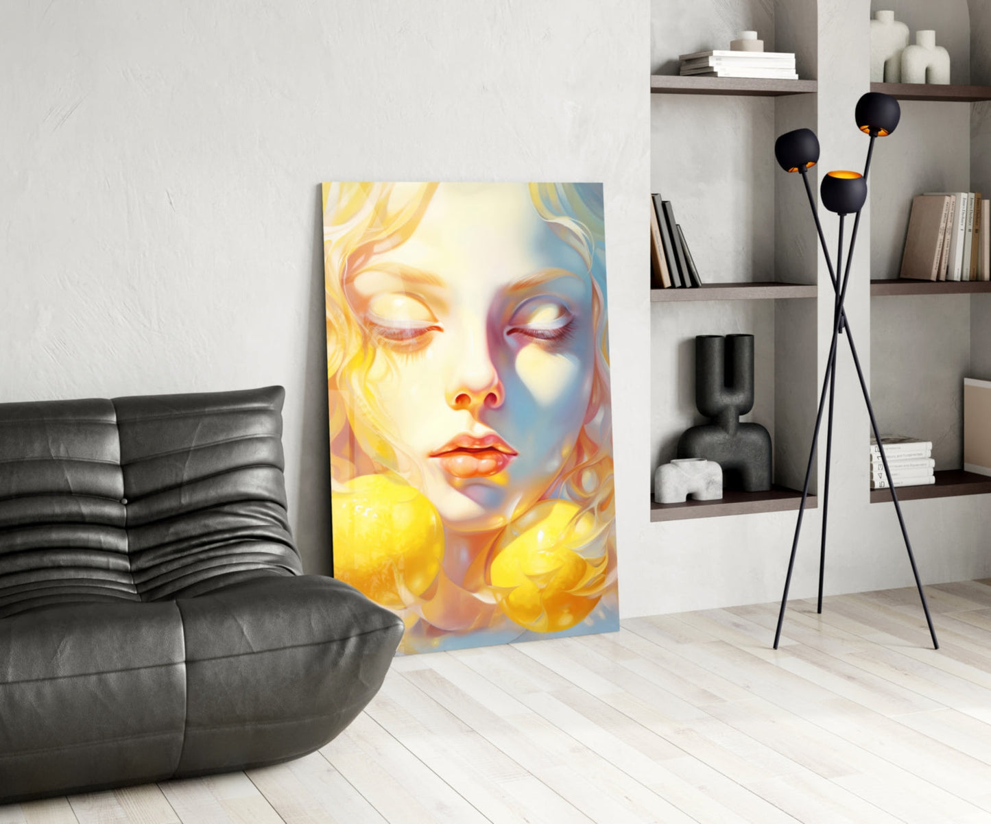 Colorful portrait glass art featuring a woman's face with yellow and blue tones displayed in a modern living room with black furniture and shelving.