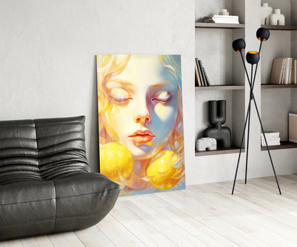 Colorful portrait glass art featuring a woman's face with yellow and blue tones displayed in a modern living room with black furniture and shelving.