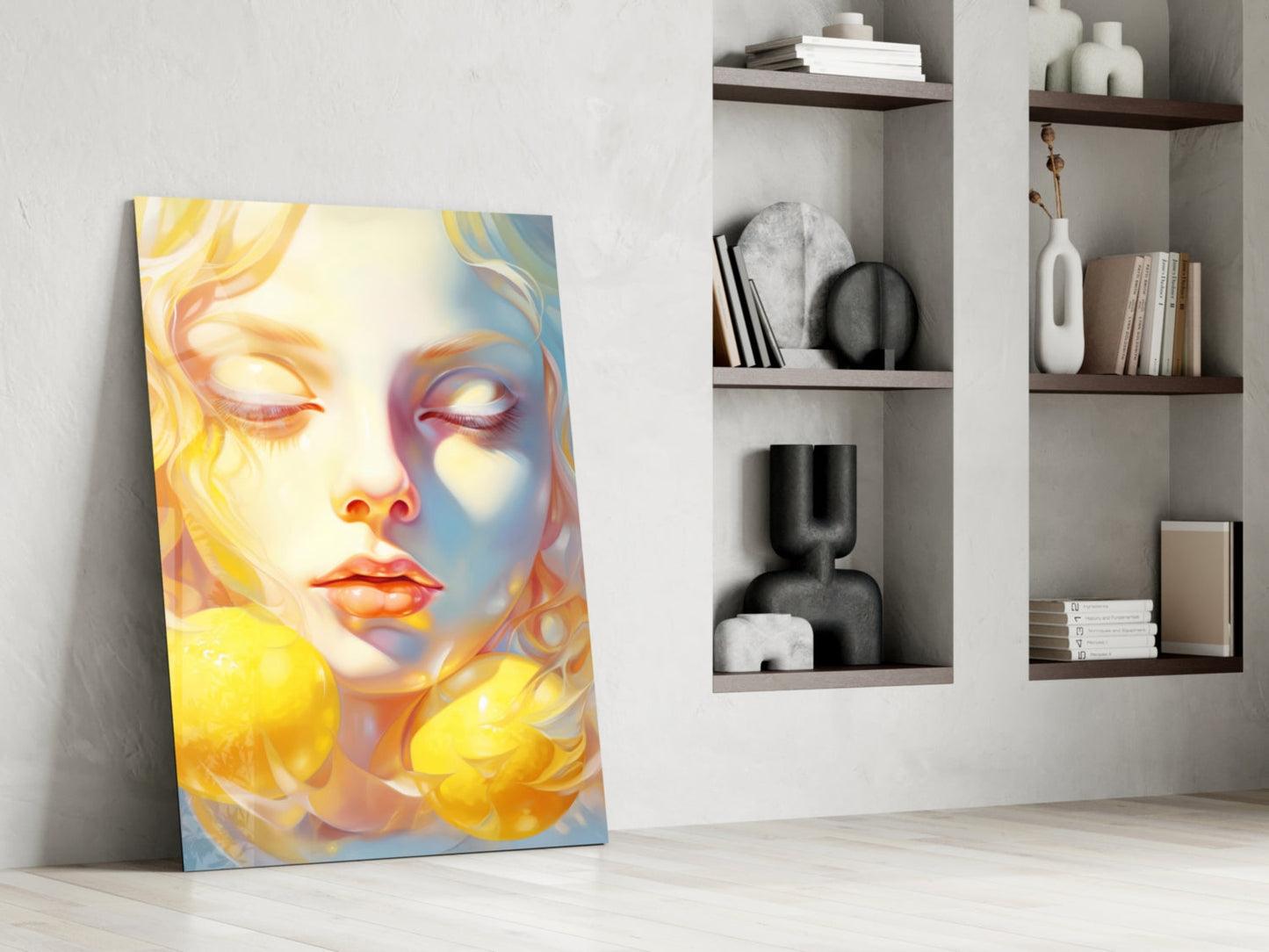 Vibrant glass art leaning against white wall displays stylized female face in yellow and blue tones with flowing hair.