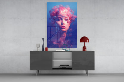 Pink Hair Dripping Bubbles Woman Glass Wall Art