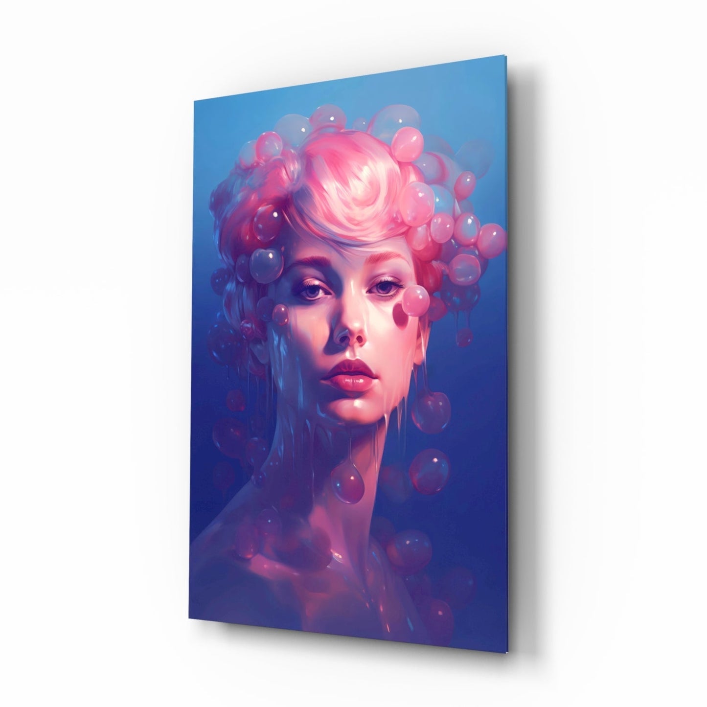 Pink Hair Dripping Bubbles Woman Glass Wall Art