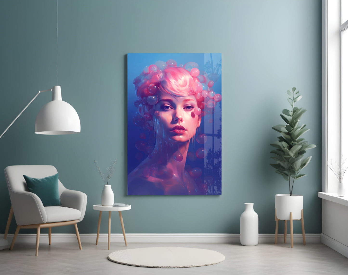 Pink Hair Dripping Bubbles Woman Glass Wall Art