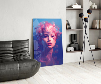 Pink Hair Dripping Bubbles Woman Glass Wall Art