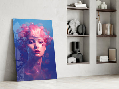 Pink Hair Dripping Bubbles Woman Glass Wall Art