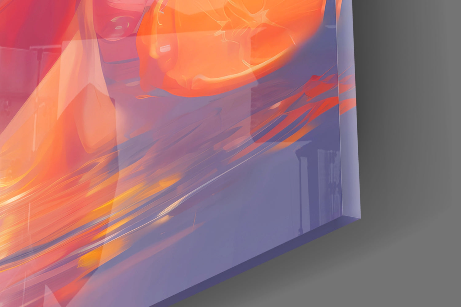 Close-up angled view of translucent orange and red glass art with fluid swirls and bubble shapes against gray background.