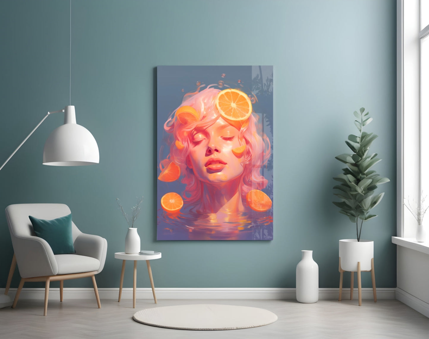 Orange Bubbles Glass Wall Art displayed on turquoise wall above white chair in modern living room interior.
