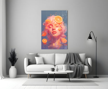 Glass wall art mounted above white sofa displays portrait of woman with pink hair and orange citrus slices against blue background.