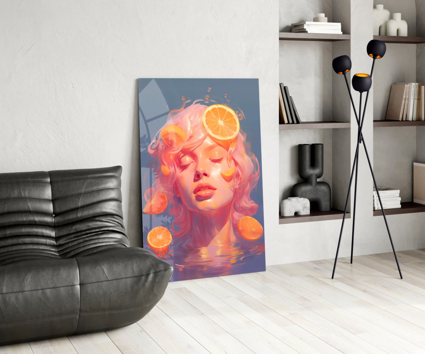 Modern living room interior featuring Orange Bubbles glass wall art displaying a portrait with pink hair and orange citrus slices against blue background.