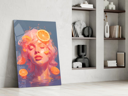 Colorful glass wall art leaning against white wall displays glowing portrait with orange citrus slices and blue background.