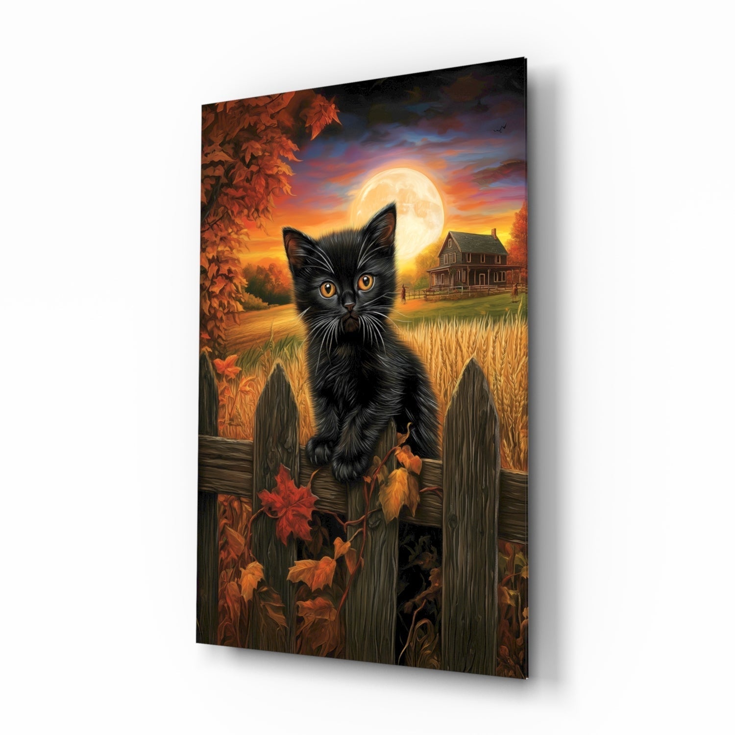 Black cat with glowing eyes perched on wooden fence under full moon in autumn countryside landscape on glass panel.