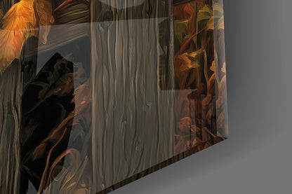 Translucent glass panel displaying autumn cat artwork with warm orange and brown tones, photographed at an angle showing light refraction through the textured surface.