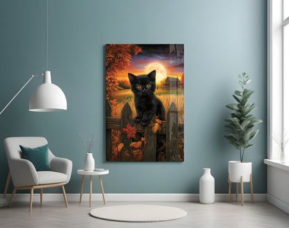 Black cat glass wall art depicting autumn moonlit landscape displayed above white chair in minimalist teal room.