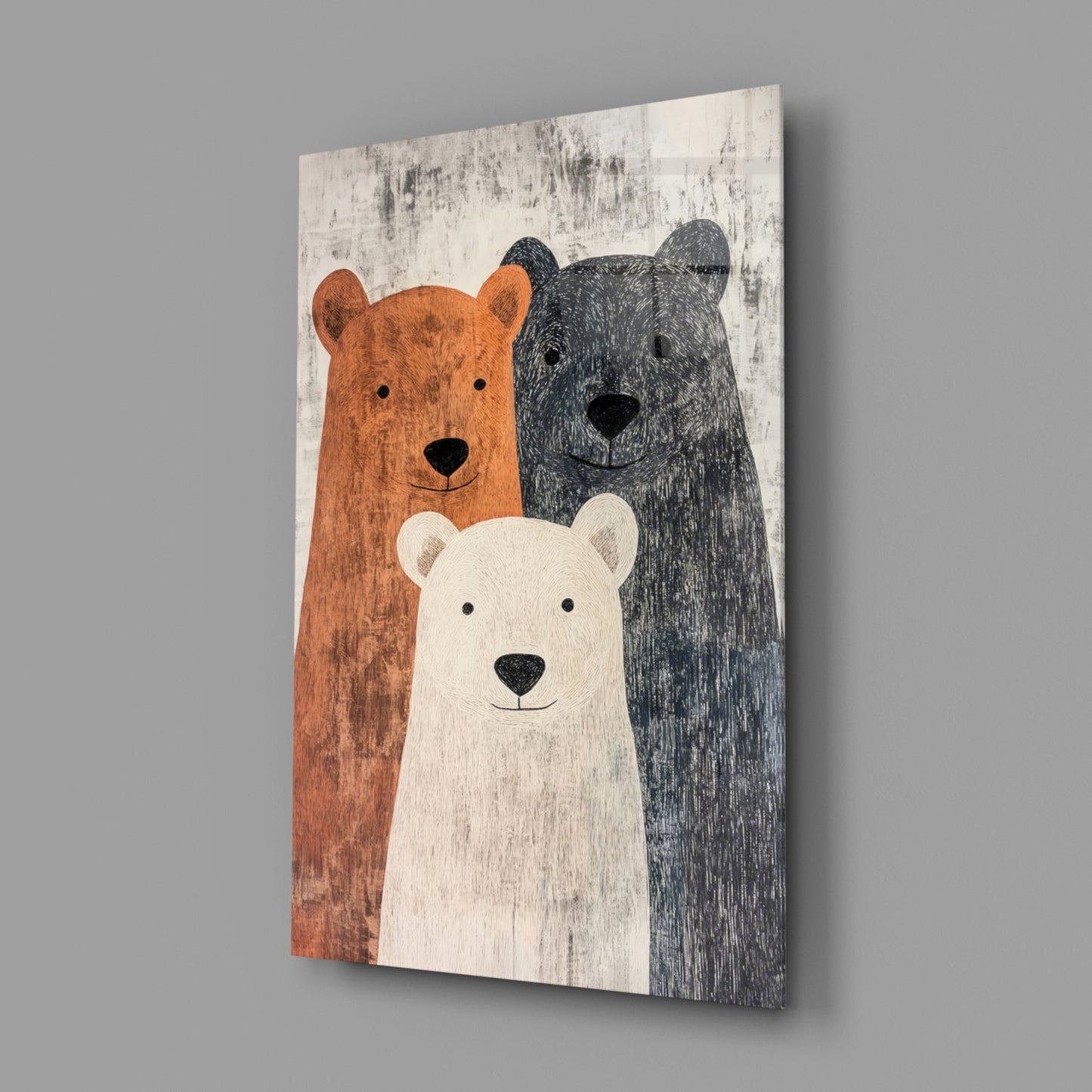 Three bears—brown, black, and white—illustrated on textured wood-grain glass wall art displayed at an angle against gray background.