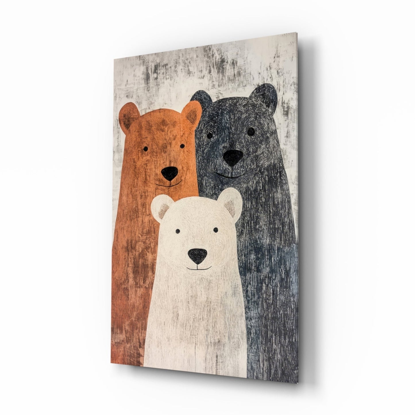 Three stylized bears in brown, black, and white with textured wood grain effect on distressed white background.