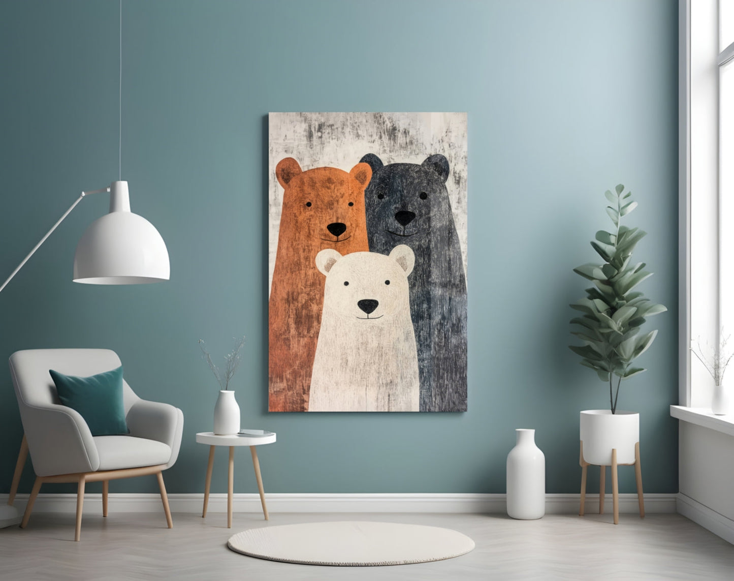 Bear Family Glass Wall Art displayed on turquoise wall above white chair in modern living room setting.