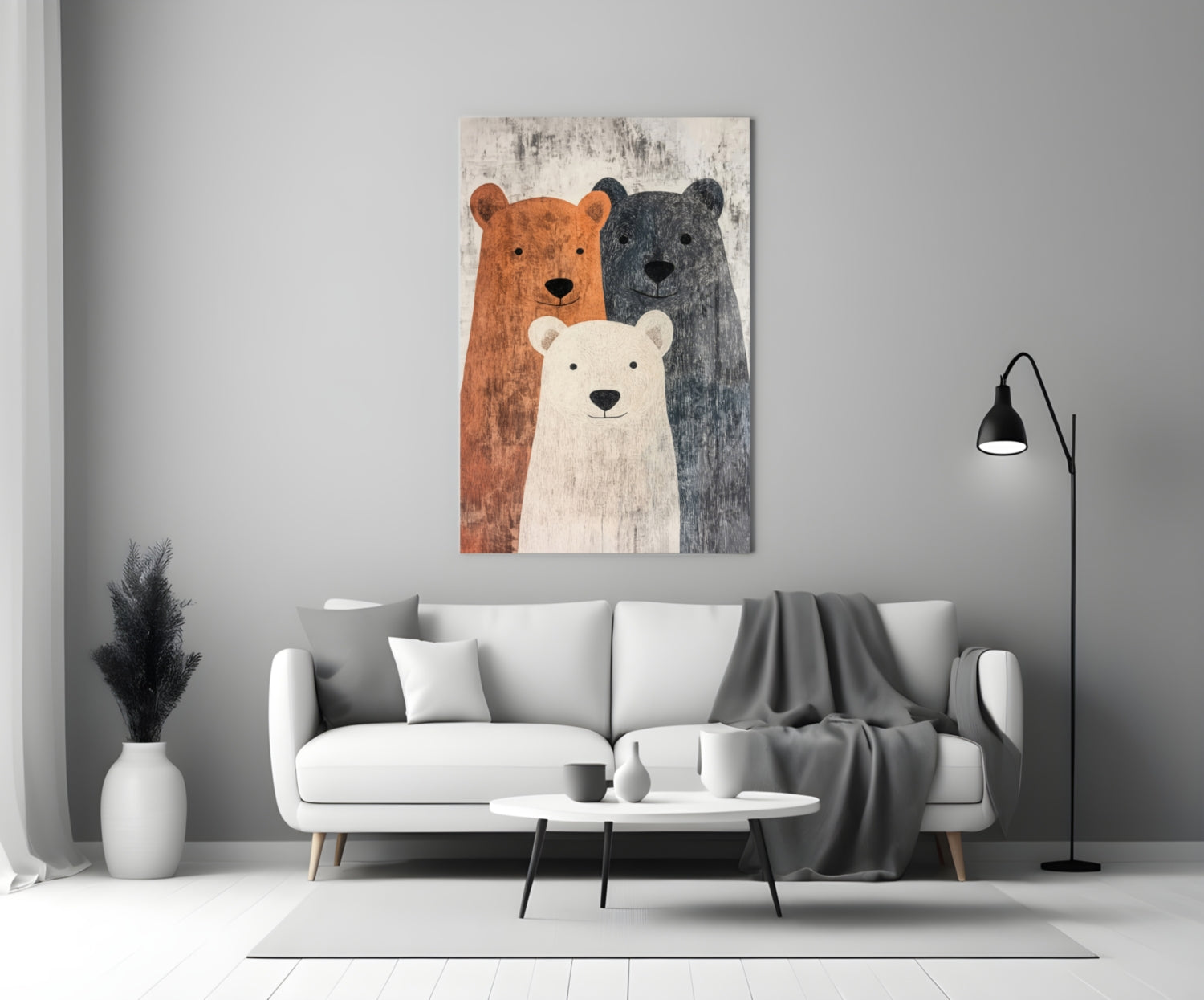 Three stylized bears in brown, gray, and cream tones displayed on wooden-textured glass art above a white sofa in a minimalist interior setting.