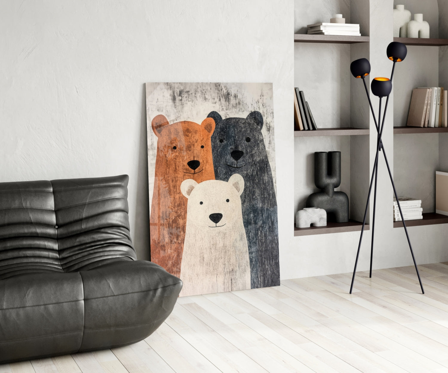 Bear Family Glass Wall Art depicting three bears in brown, charcoal, and cream displayed in modern interior setting.