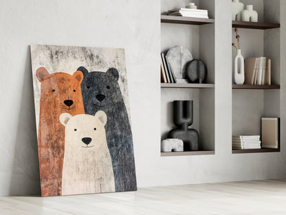 Bear Family glass wall art leaning against white wall beside built-in shelving, depicting three bears in orange, black, and cream.