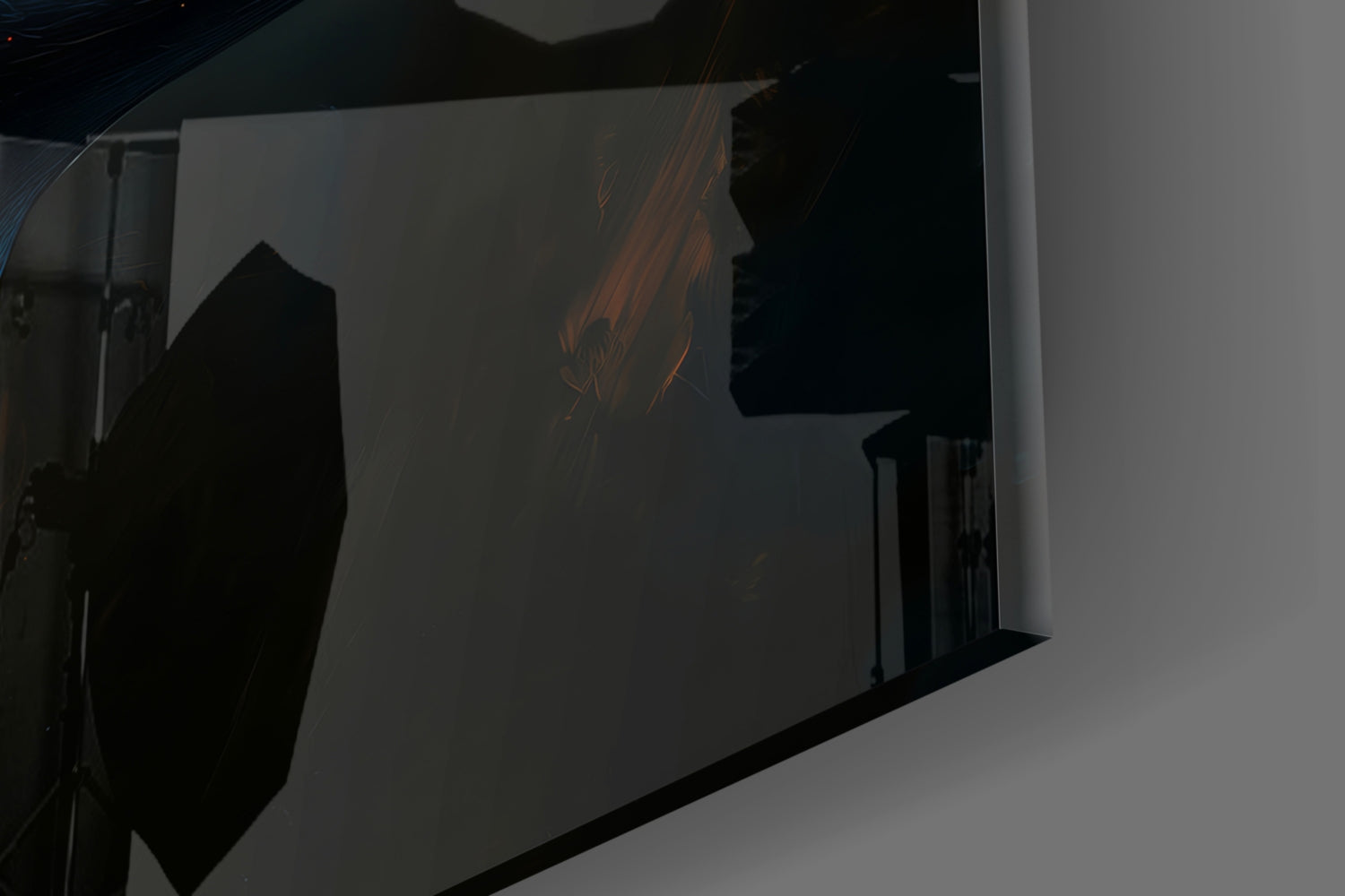 Silhouetted glass wall art panel displaying abstract orange brushstroke design against light background, angled side view.