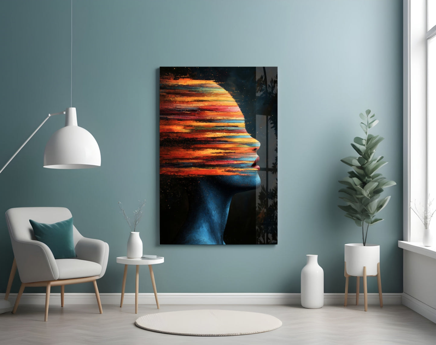 Glass wall art depicting a colorful sunset landscape filling a human profile silhouette, displayed in a modern room setting.