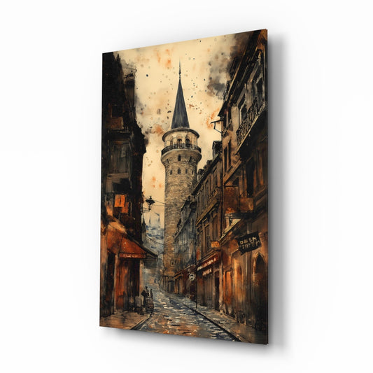 Glass wall art depicting a historic Istanbul street with Galata Tower centered between weathered buildings under a golden-brown sky.