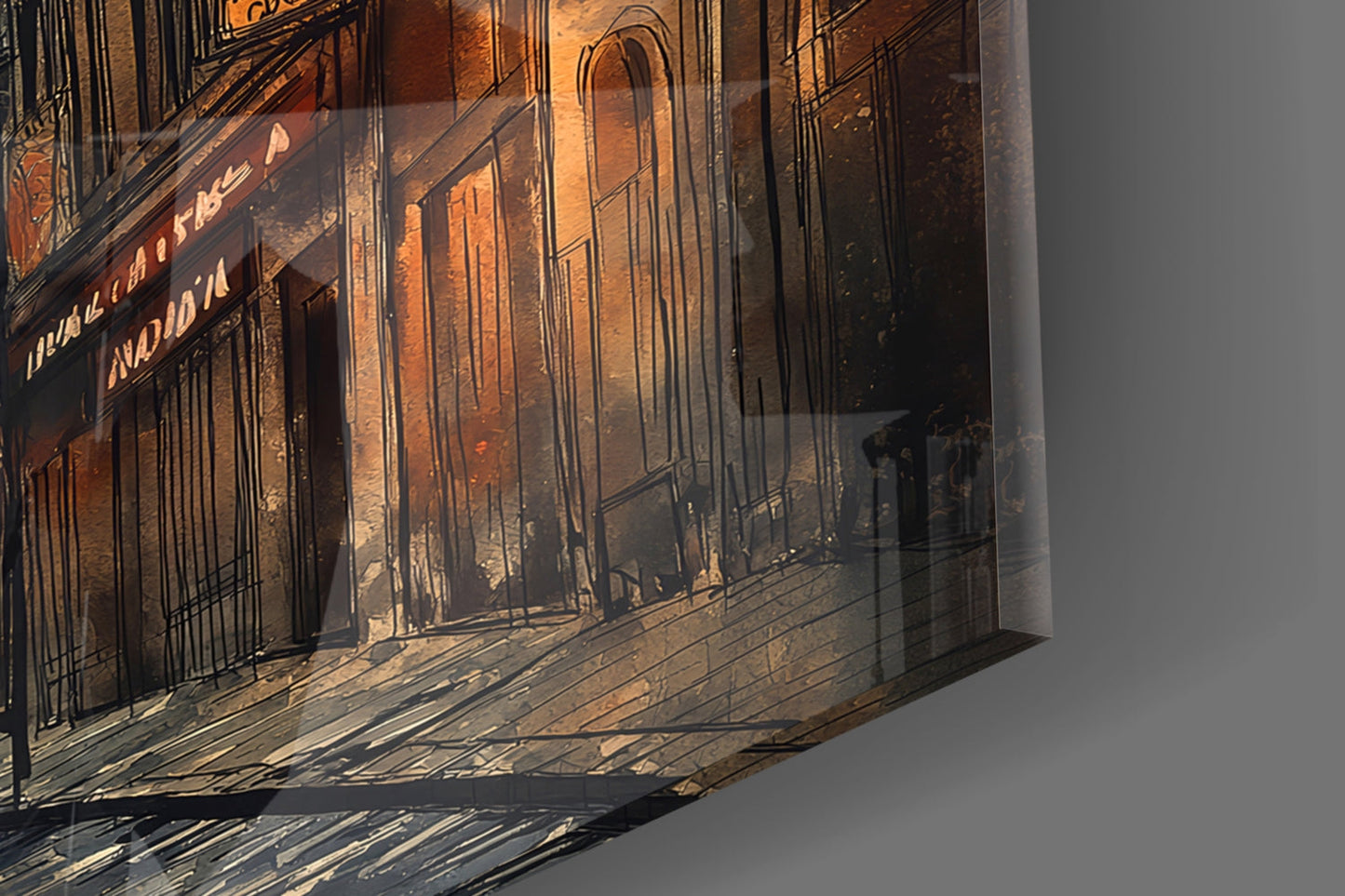 Glass wall art displaying Galata Street facade with warm golden-brown tones, ornate iron railings, and partial storefront text, photographed at an angle against white background.