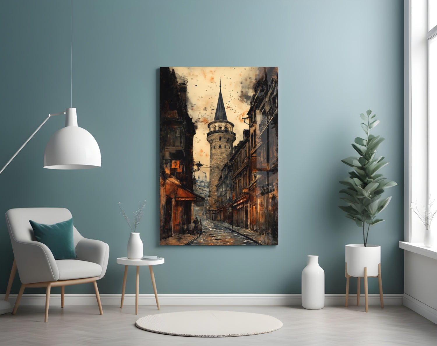 Galata Street Glass Wall Art displayed on a teal bedroom wall above a white armchair, showing a sepia-toned street scene with a tower.
