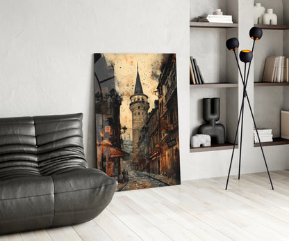 Galata Street glass wall art leaning against white wall in modern living room with black leather chair, floor lamp, and floating shelves.