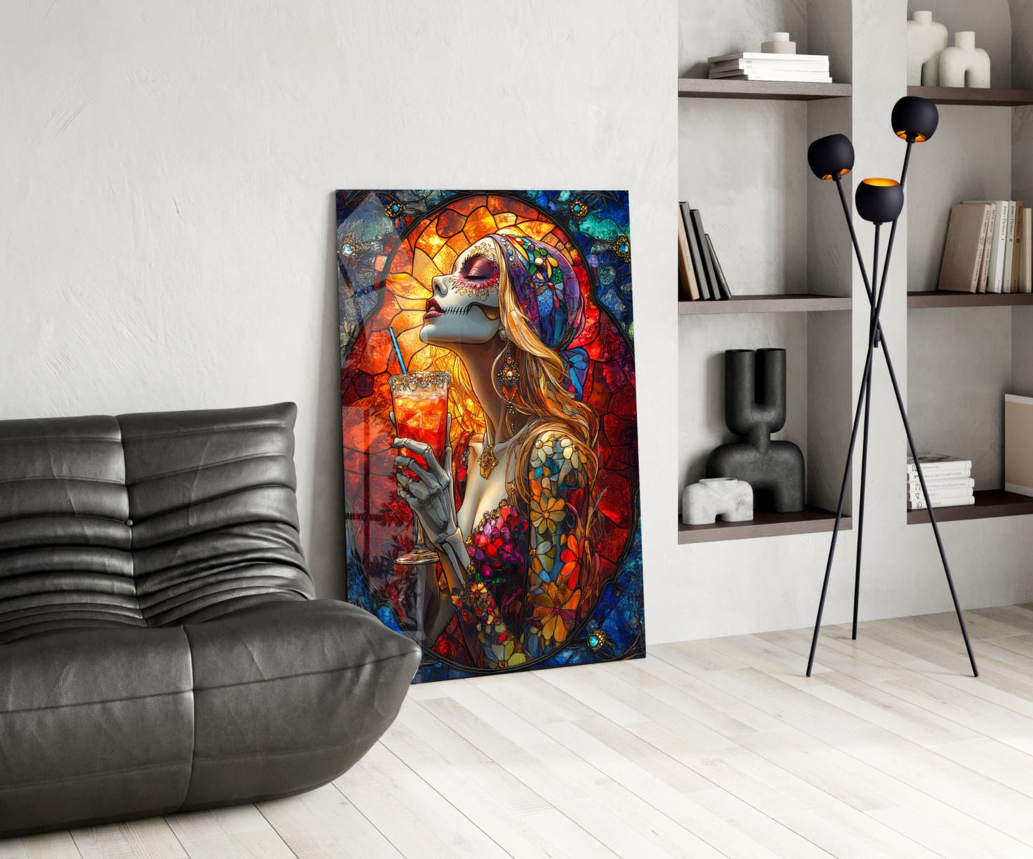 Colorful stained glass-style wall art depicting a woman with vibrant orange hair and ornate floral patterns displayed in modern living room setting.