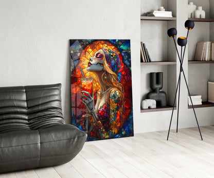 Colorful stained glass-style wall art depicting a woman with vibrant orange hair and ornate floral patterns displayed in modern living room setting.