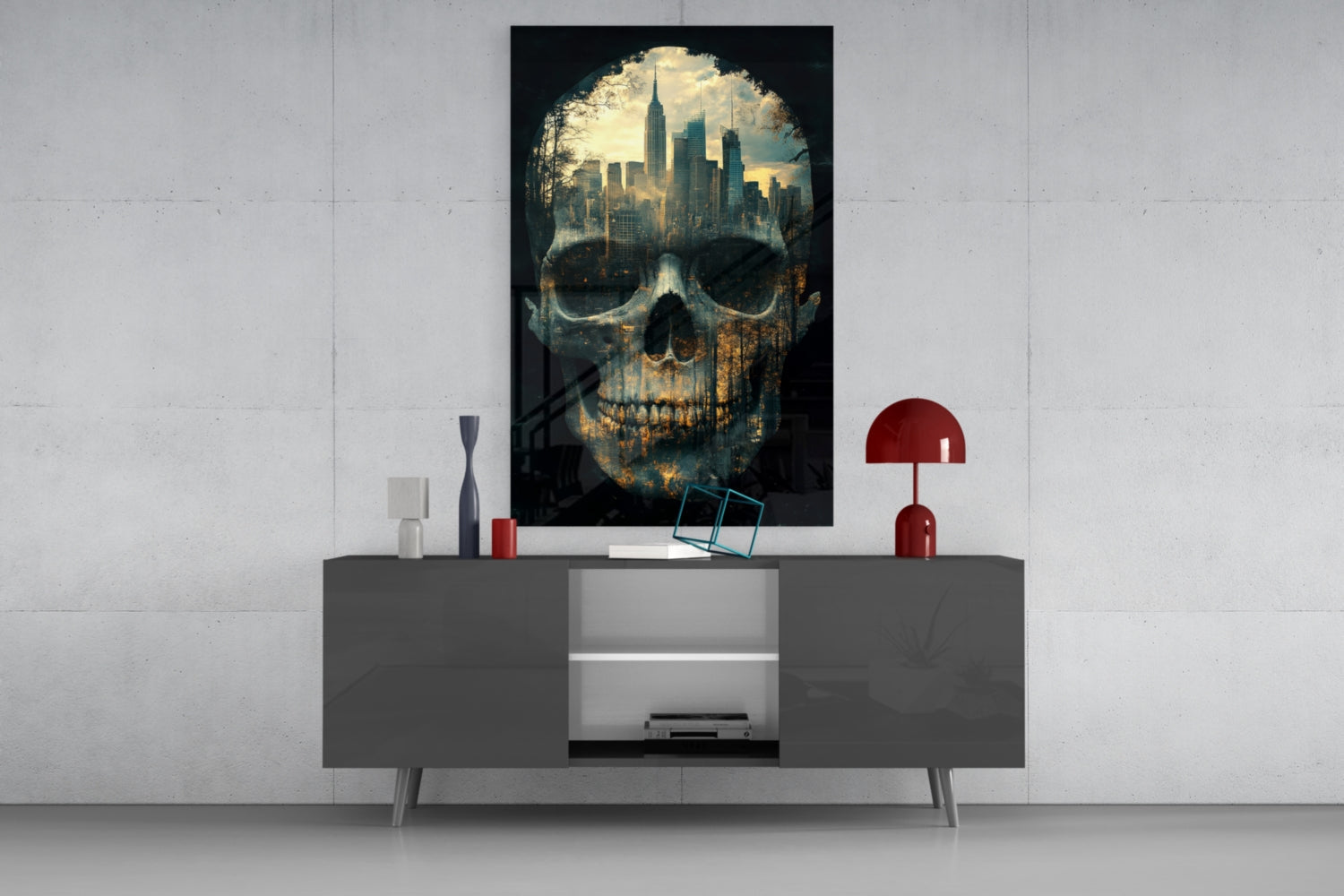 City Skull Glass Wall Art displayed above a gray media console with red lamp and decorative objects against white brick wall.