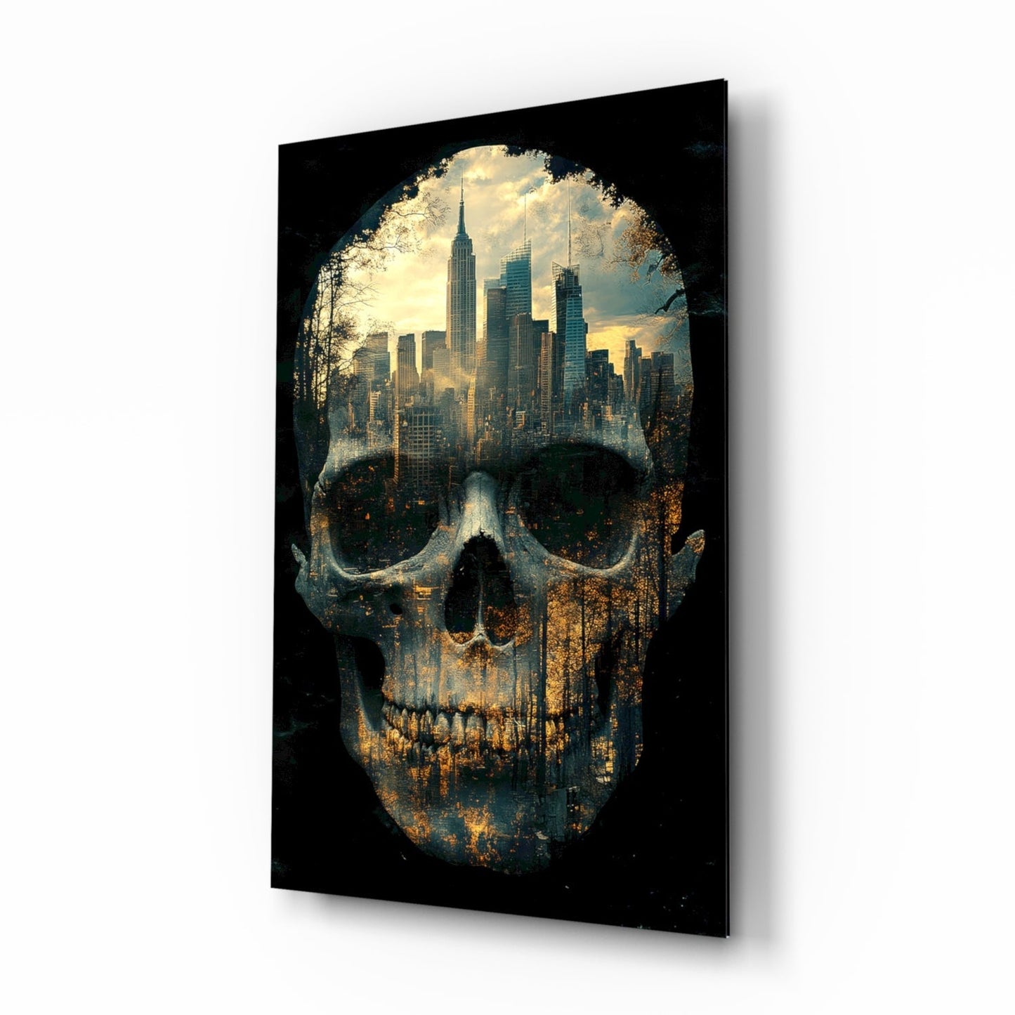 Angled view of black glass wall art featuring a skull silhouette filled with a cityscape and sky through eye cavities.