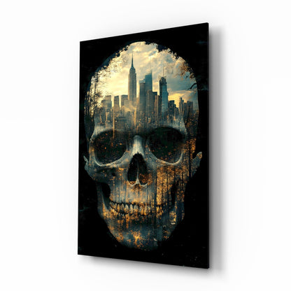 Angled view of black glass wall art featuring a skull silhouette filled with a cityscape and sky through eye cavities.