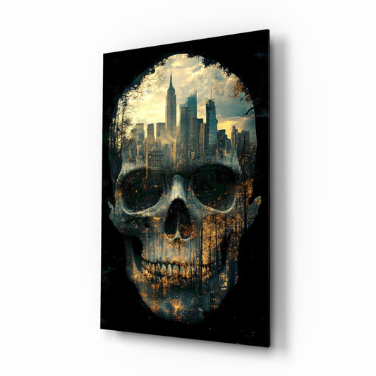 Angled view of black glass wall art featuring a skull silhouette filled with a cityscape and sky through eye cavities.