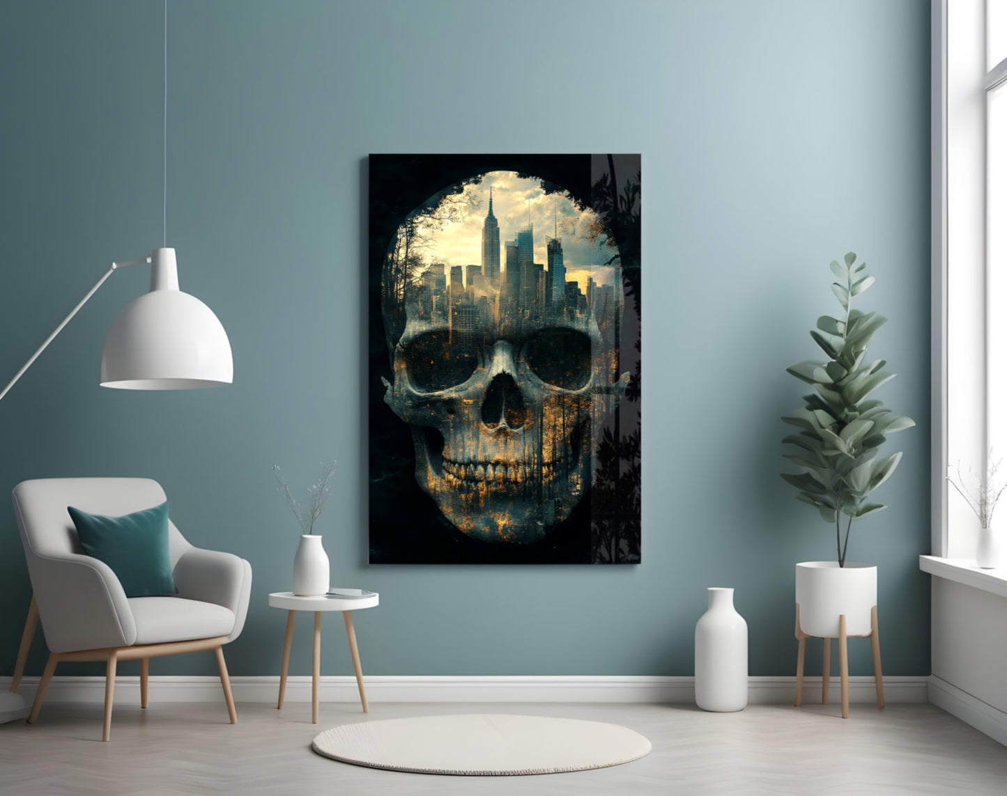 City Skull Glass Wall Art displayed on turquoise wall above white chair in modern living room setting.