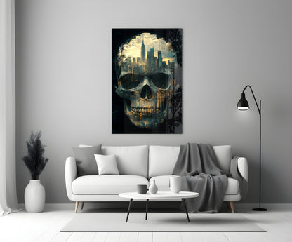 Glass wall art featuring a skull with a cityscape skyline visible through the eye sockets, displayed above a white sofa in a modern living room.