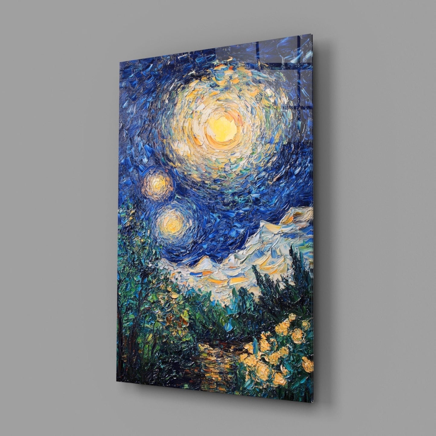 Glass wall art panel mounted at an angle displaying Van Gogh's Starry Night painting with swirling blue sky, yellow moon, and green cypress trees.