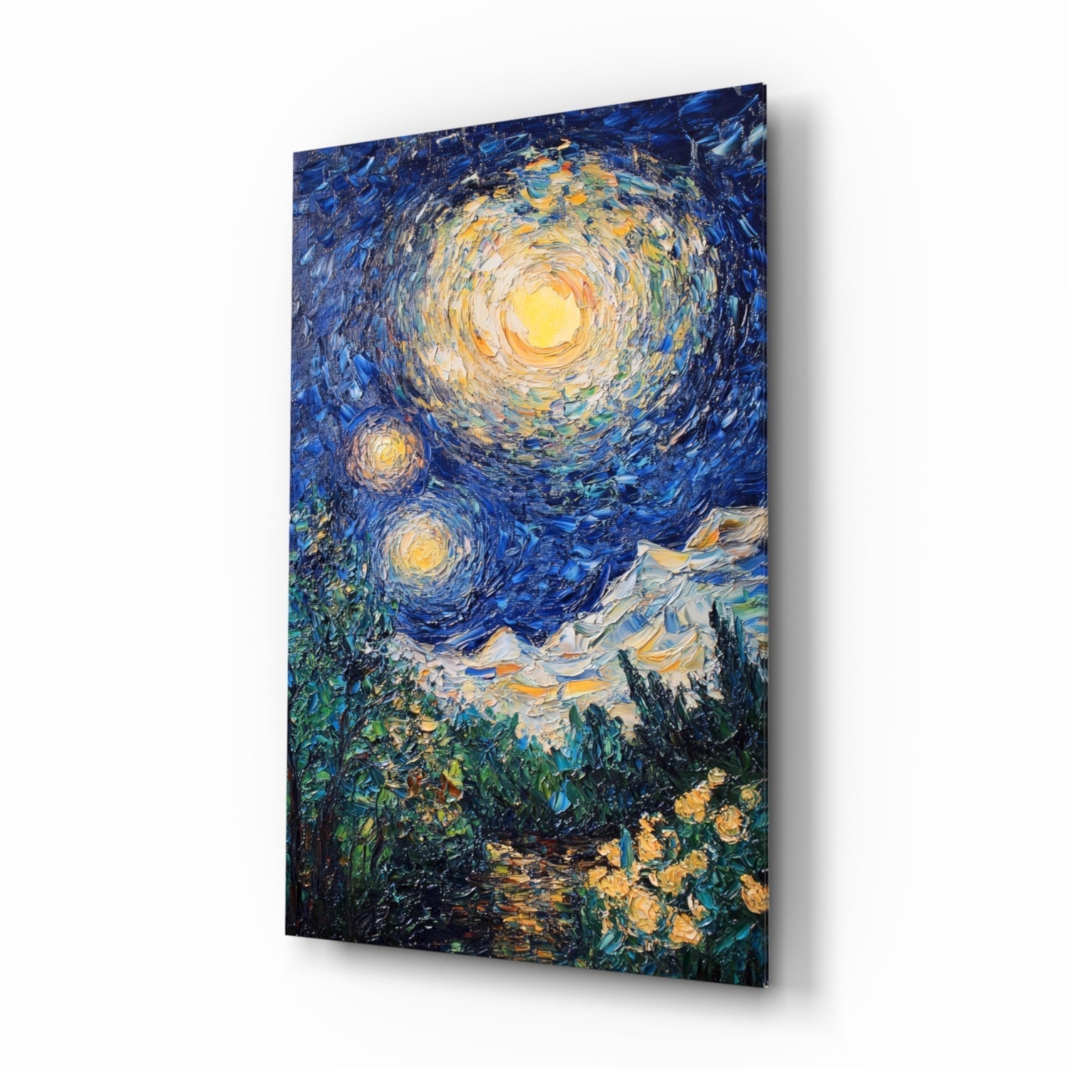 Glass wall art panel displaying Van Gogh's Starry Night with swirling blue sky, yellow stars and moon, mounted at an angle.
