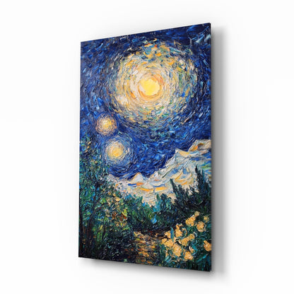 Glass wall art panel displaying Van Gogh's Starry Night with swirling blue sky, yellow stars and moon, mounted at an angle.