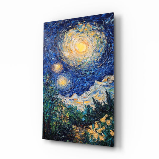 Glass wall art panel displaying Van Gogh's Starry Night with swirling blue sky, yellow stars and moon, mounted at an angle.