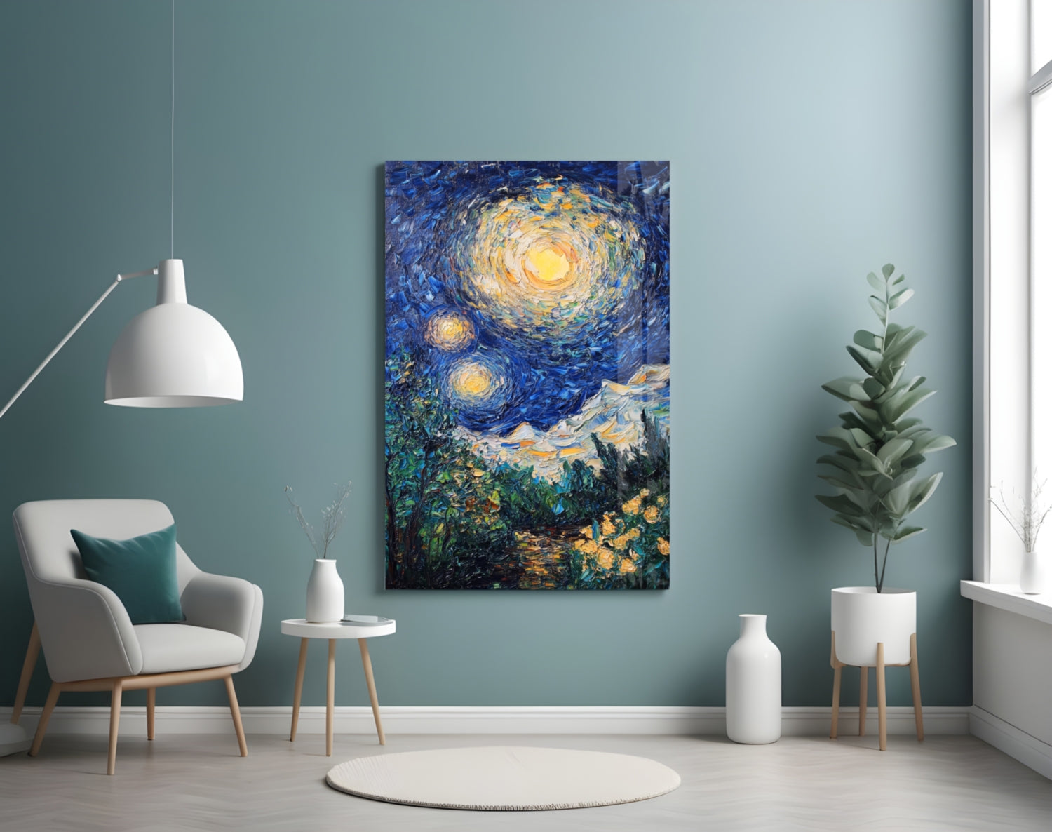 Van Gogh's Starry Night glass wall art displayed above a white chair in a teal-walled modern interior with plants and pendant lamp.