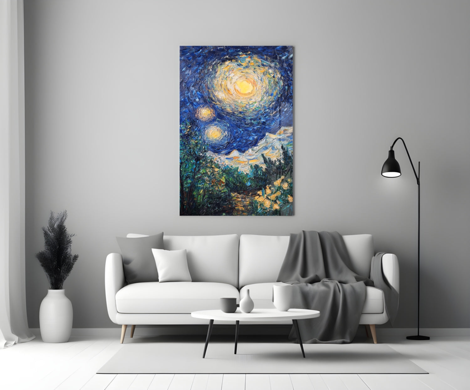 A glass wall art print of Van Gogh's Starry Night hangs above a white sofa in a minimalist living room setting.