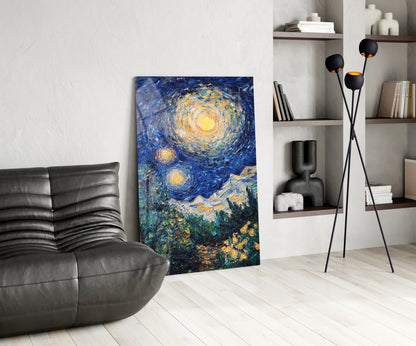 Modern living room interior featuring Van Gogh's Starry Night glass art leaning against wall beside black leather chair and floor lamp.