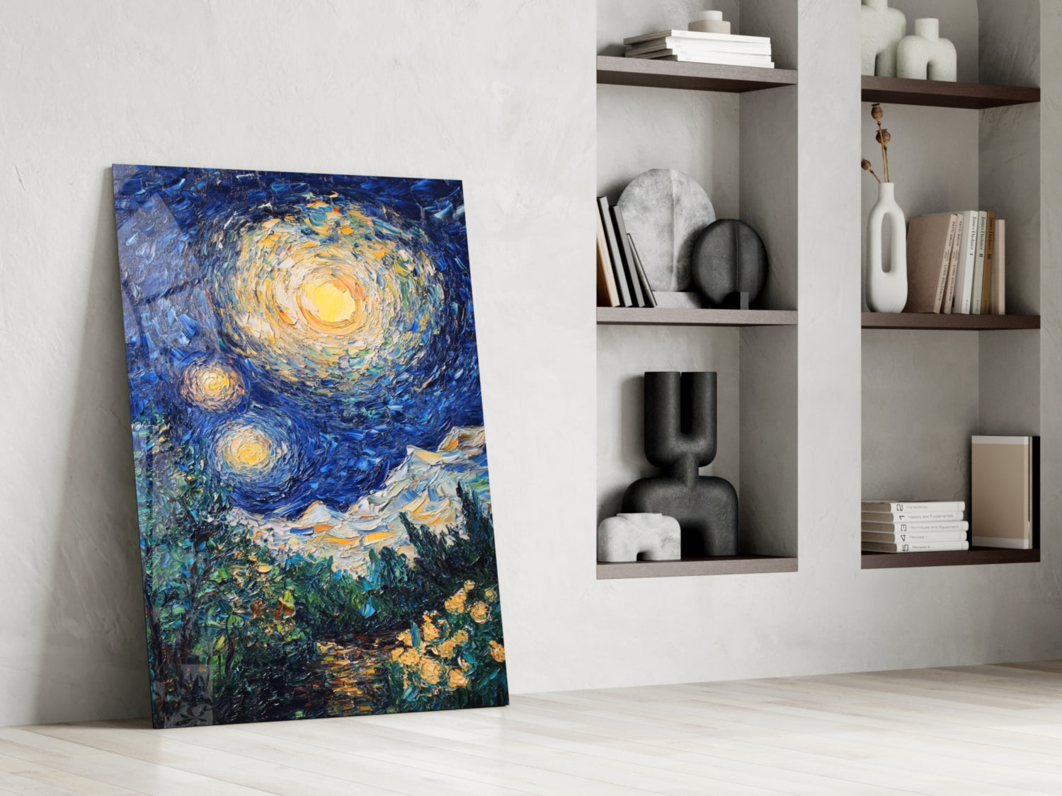 Van Gogh's Starry Night canvas leaning against white wall beside wooden shelving with decorative objects.