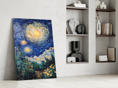 Van Gogh's Starry Night canvas leaning against white wall beside wooden shelving with decorative objects.