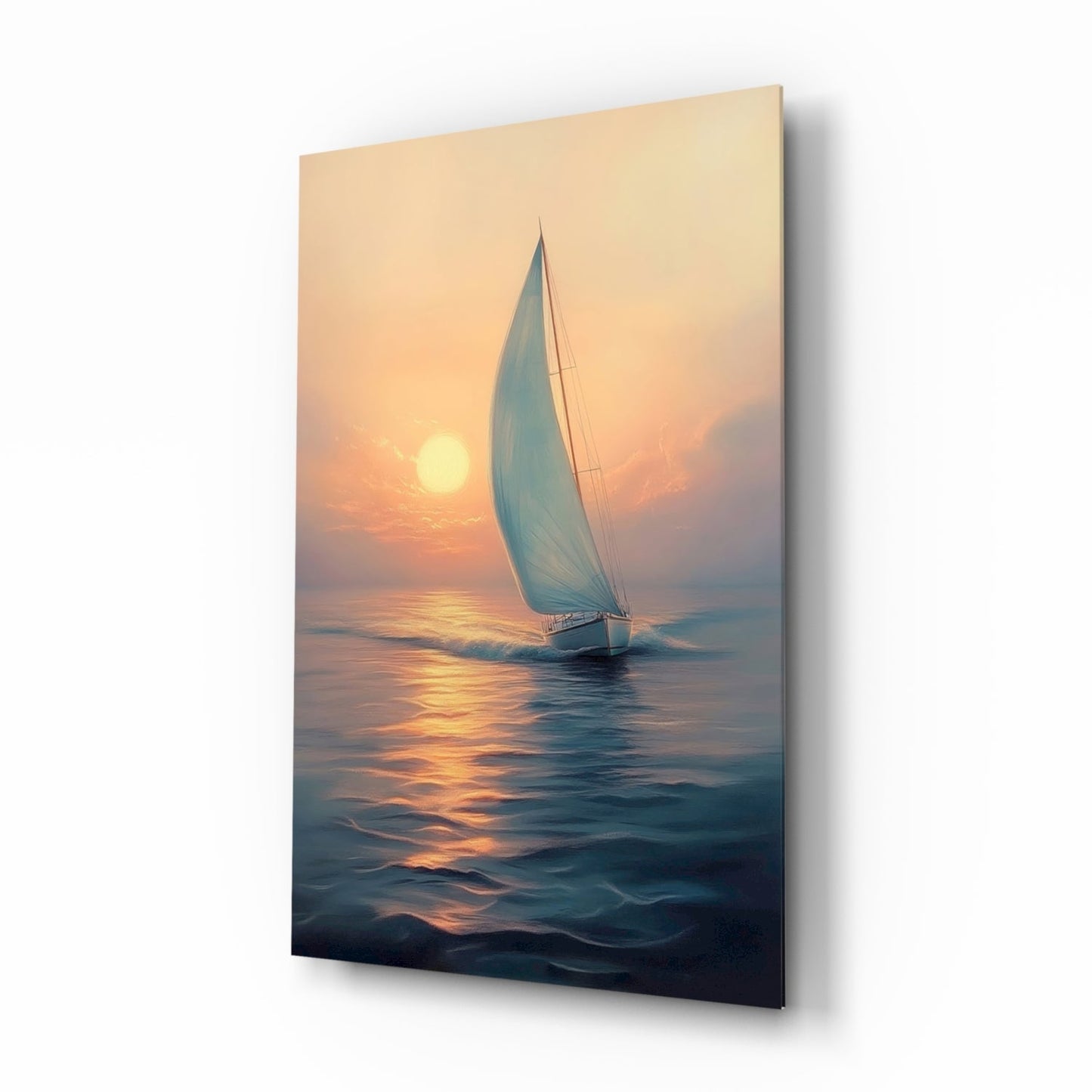 A sailboat with white sail on calm ocean waters at golden sunset, displayed as a glass wall art panel against white background.