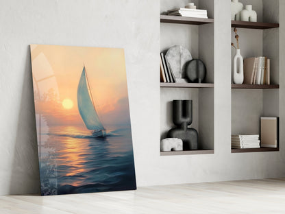 Sailboat glass wall art leaning against white wall beside shelving unit, depicting golden sunset over water with blue sail.