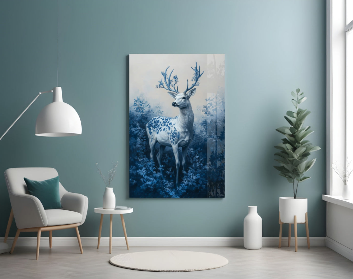 Blue deer glass wall art displayed on turquoise wall above white chair in modern living room setting.