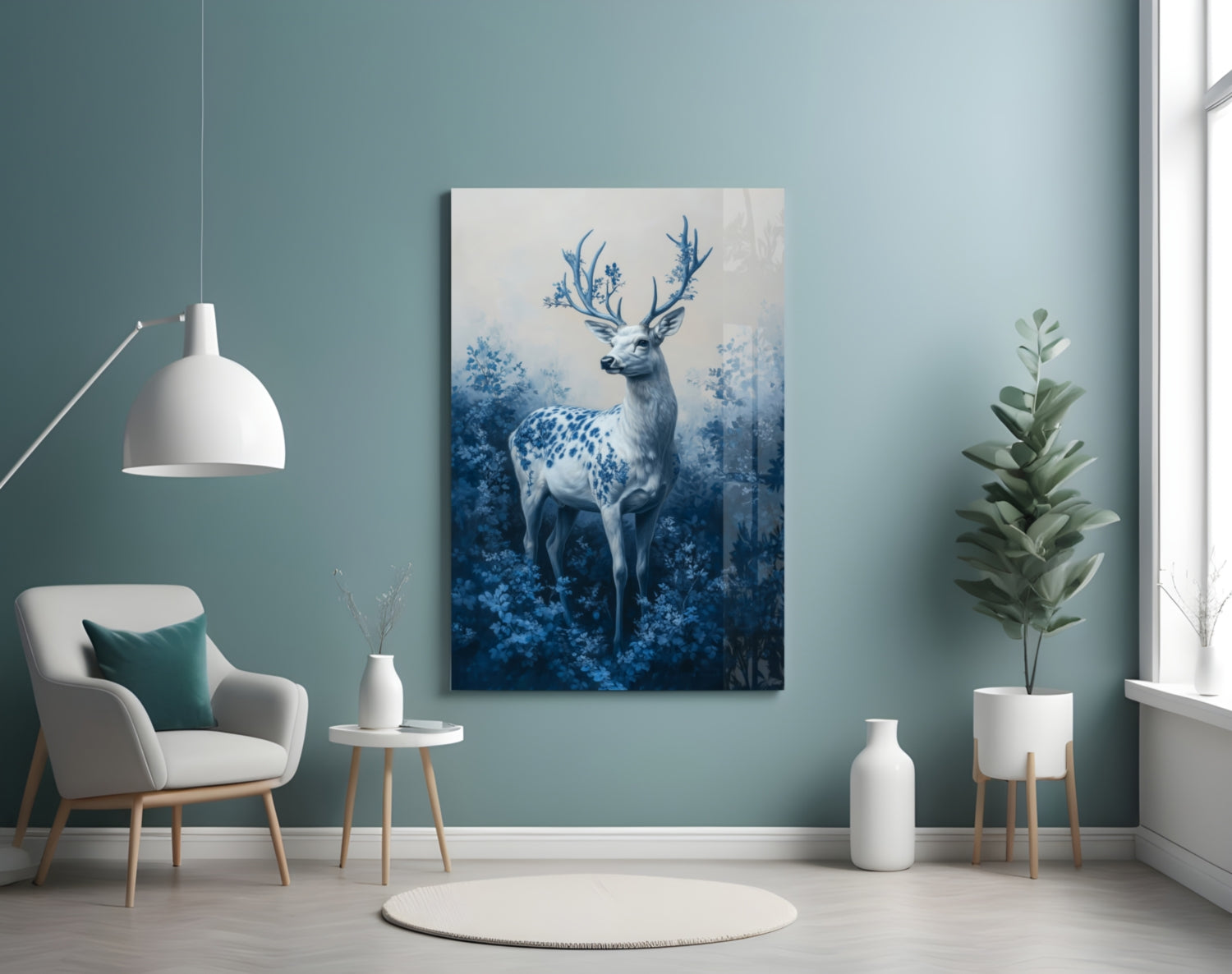 Blue deer glass wall art displayed on turquoise wall above white chair in modern living room setting.