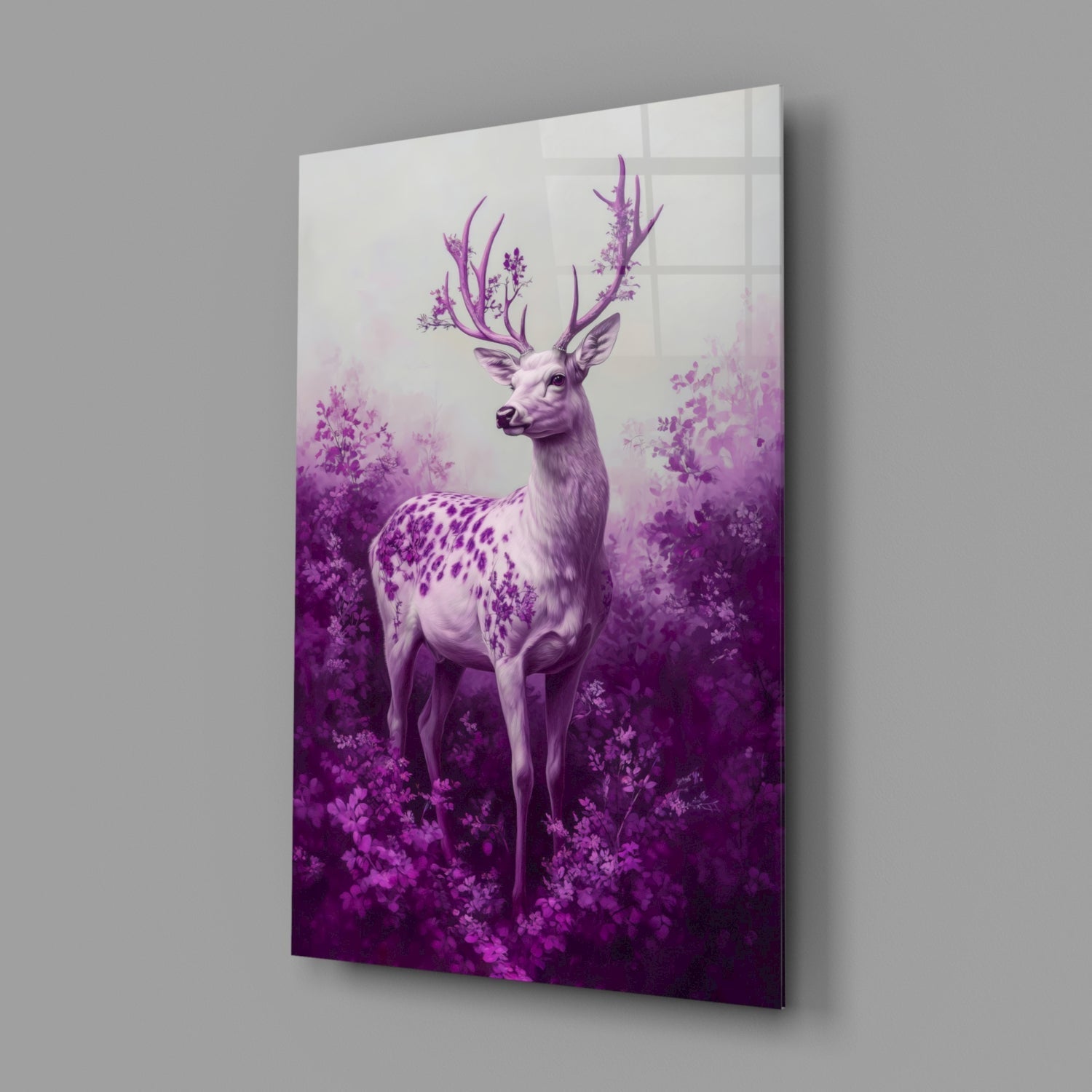 Angled perspective of purple and white deer glass wall art displaying floral antlers and spotted coat against gradient purple background.